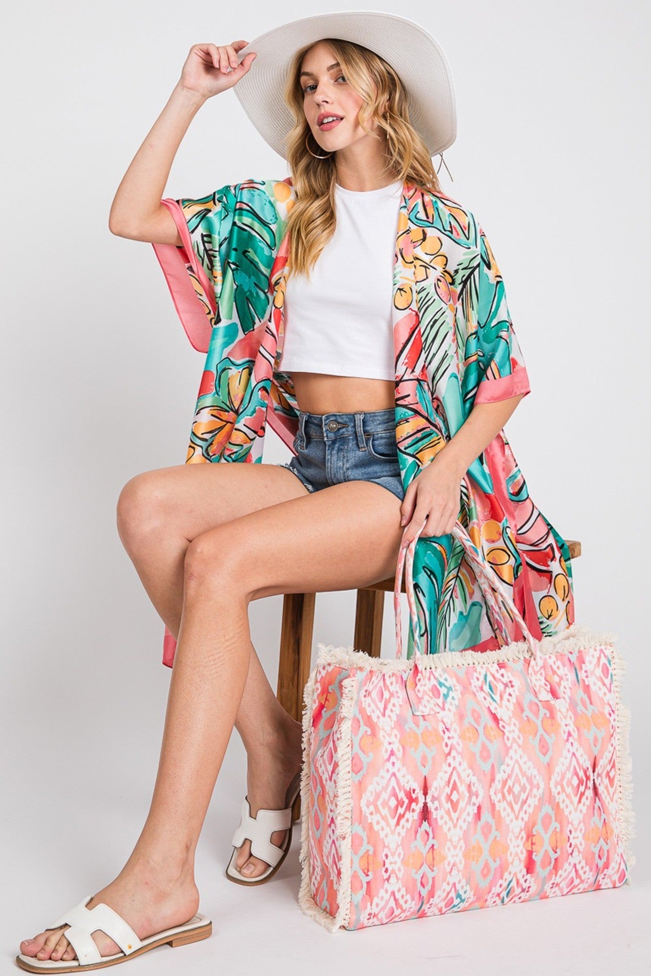 Stella Boho Pattern Fringe Tote Bag - Coral