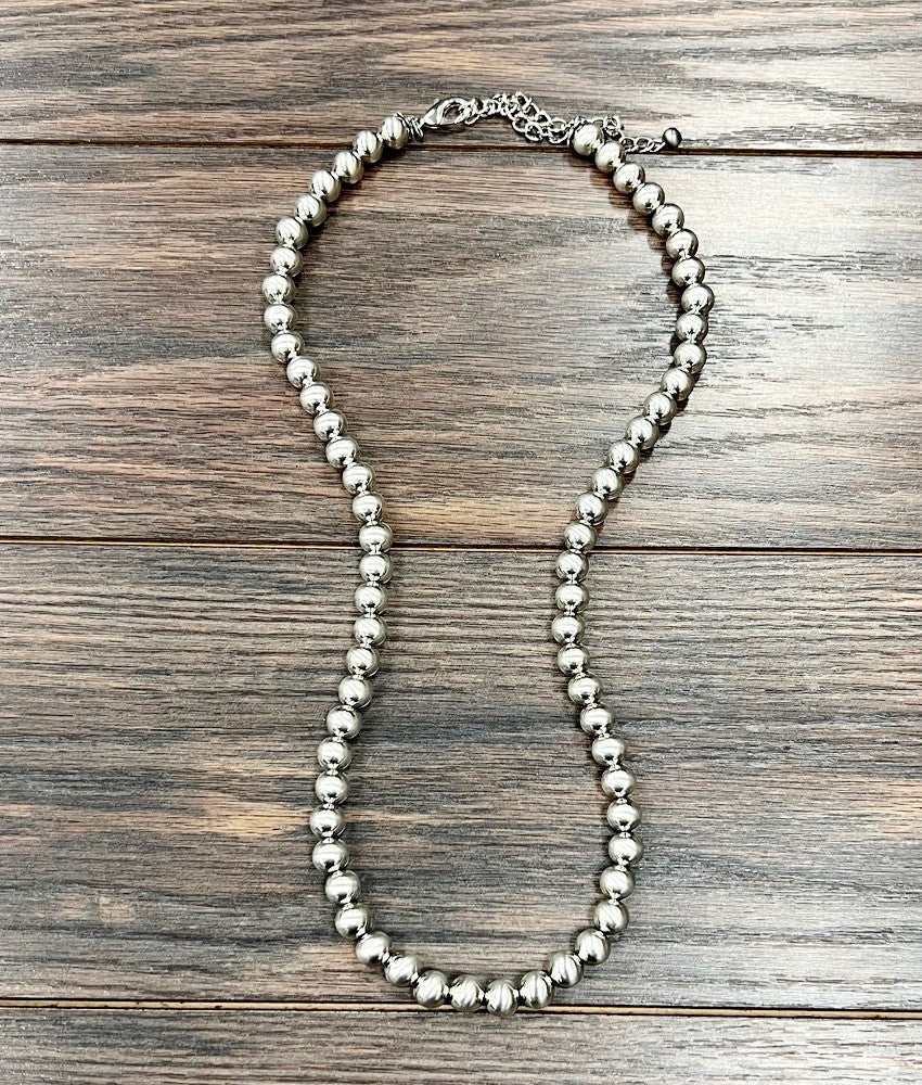 10 mm Silver Navajo Bead Necklace - 24 inch