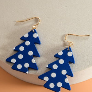 Christmas Tree Earrings - Blue polka dot