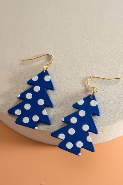 Christmas Tree Earrings - Blue polka dot