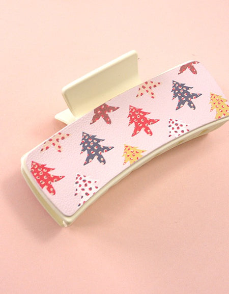 Faux Leather Christmas Holiday Hair Claw Clip - Cream Trees