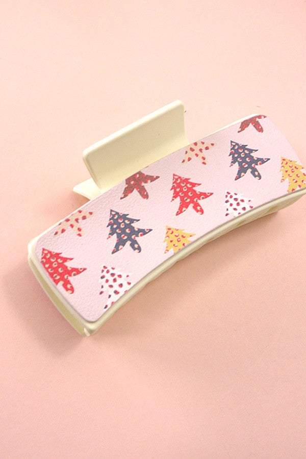 Faux Leather Christmas Holiday Hair Claw Clip - Cream Trees