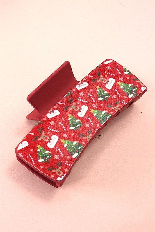 Faux Leather Christmas Holiday Hair Claw Clip - Reindeer Stocking