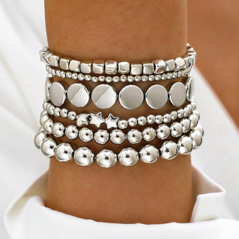 Multi Ball Chain Bead Mix Stretchable Bracelet - Silver