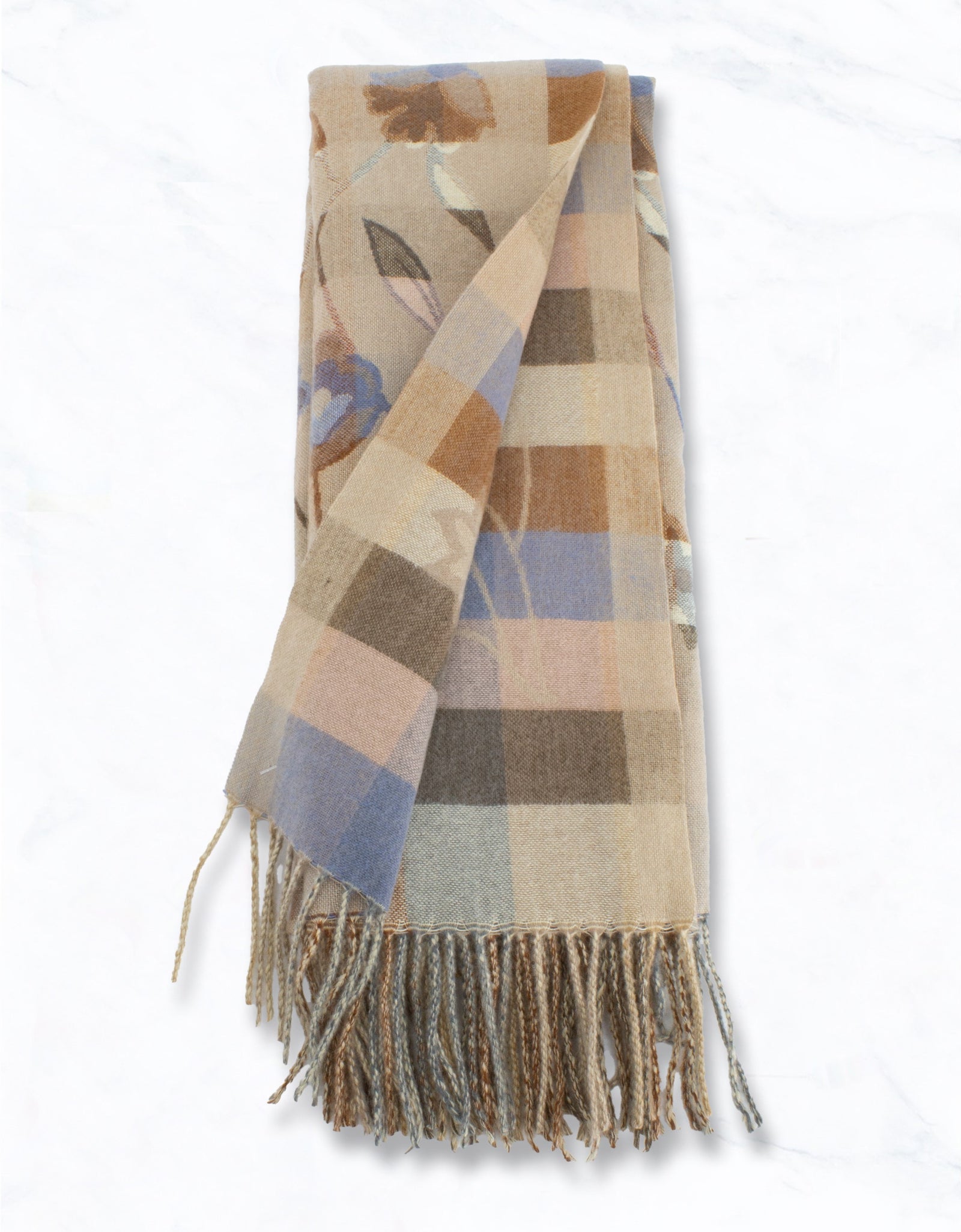 Warm Floral Winter Scarf With Fringe - Khaki