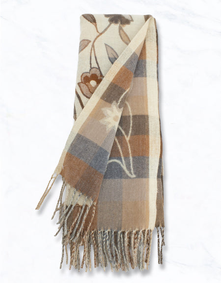 Warm Floral Winter Scarf With Fringe - Beige
