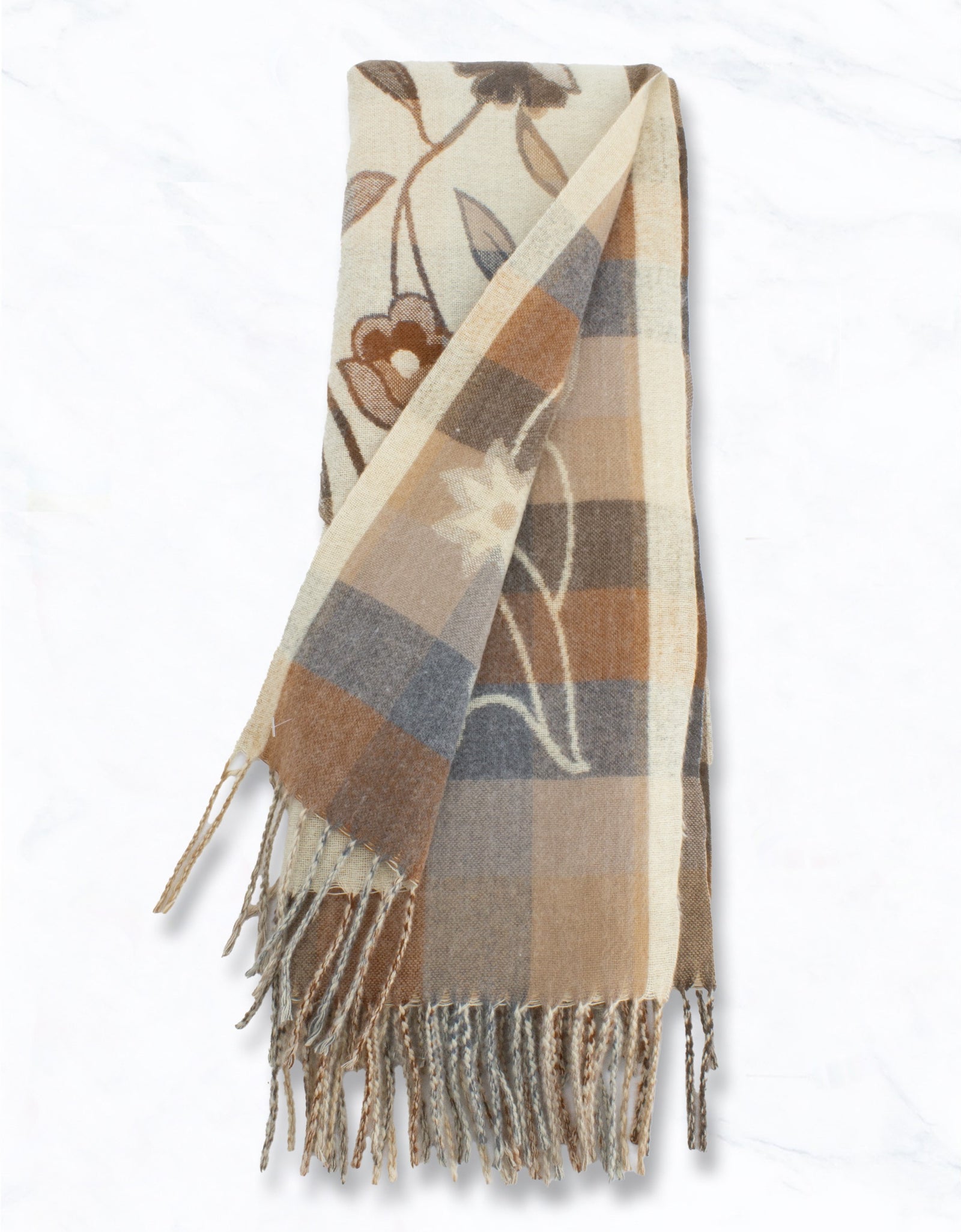 Warm Floral Winter Scarf With Fringe - Beige