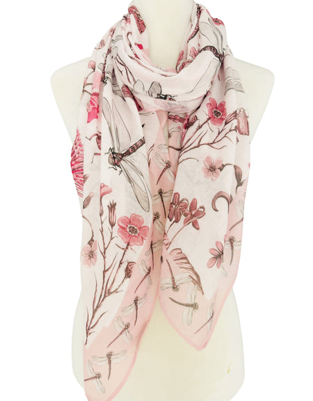 White-pink Dragonfly Floral Scarf