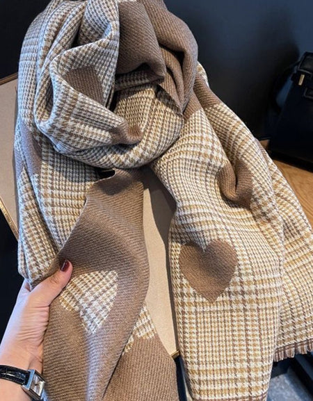 Heart Double-sided Plaid Faux Cashmere Scarf Shawl - Beige/Camel
