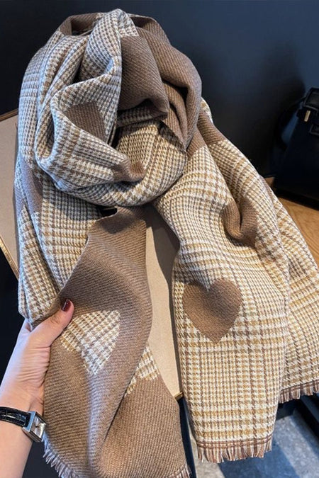 Heart Double-sided Plaid Faux Cashmere Scarf Shawl - Beige/Camel