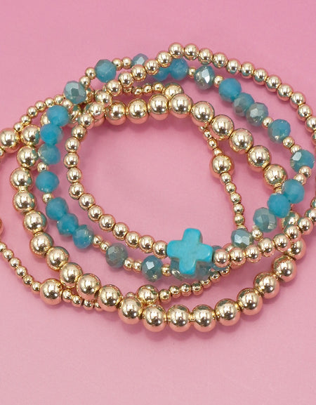 Boho Cross Multi Colorful Beaded Stretch Bracelet - Turquoise