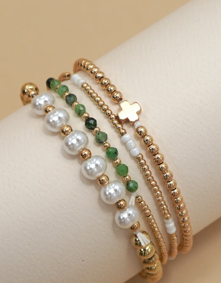 Multi Ball Pearl Chain Stretch Bracelet - Jade