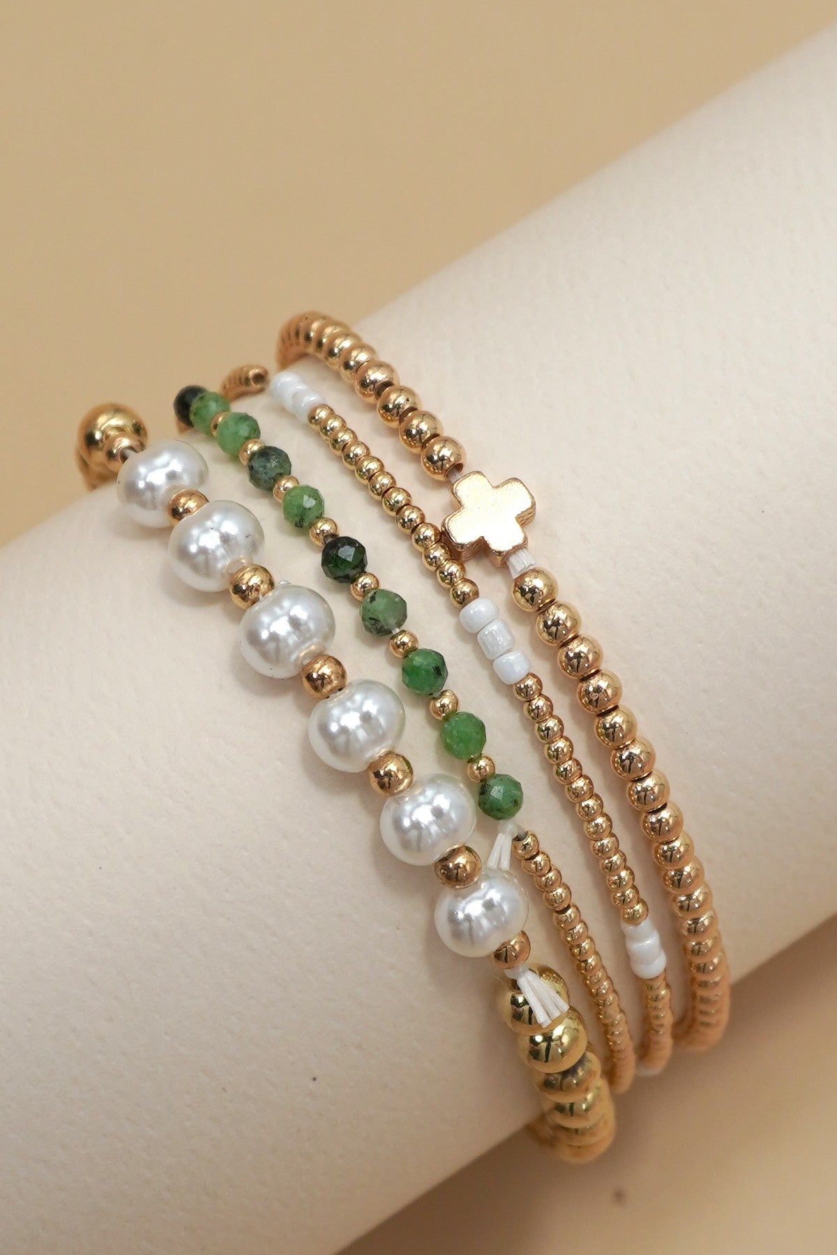 Multi Ball Pearl Chain Stretch Bracelet - Jade