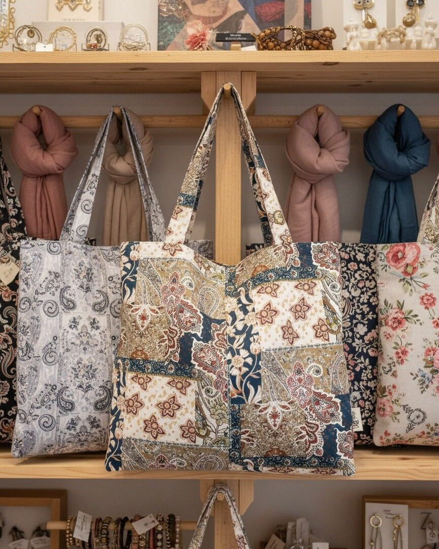 Teal & Camel Floral Patchwork Tote Bag