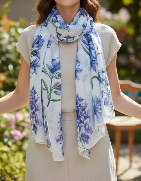 White Blue Wildflower Scarf