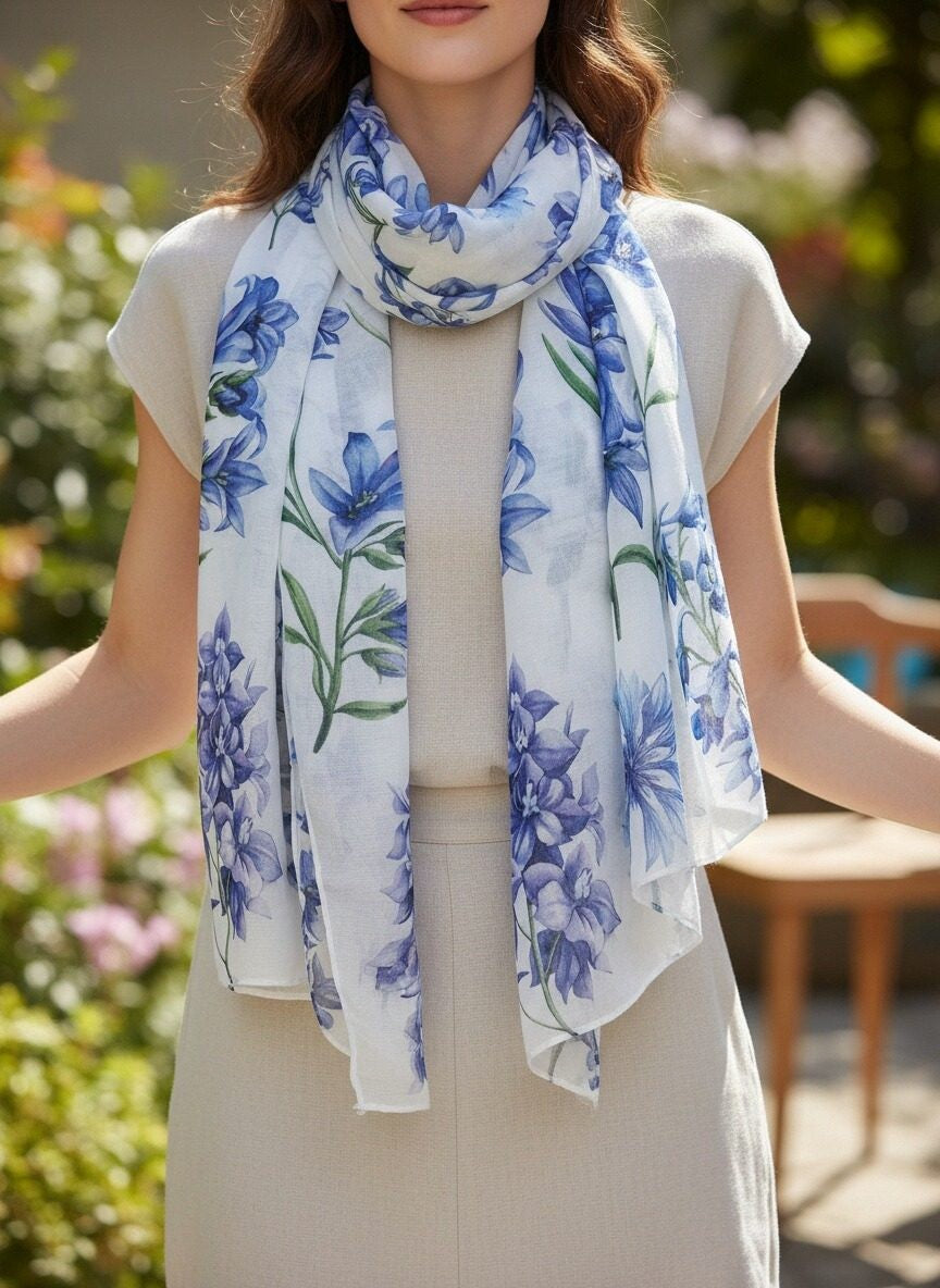 White Blue Wildflower Scarf