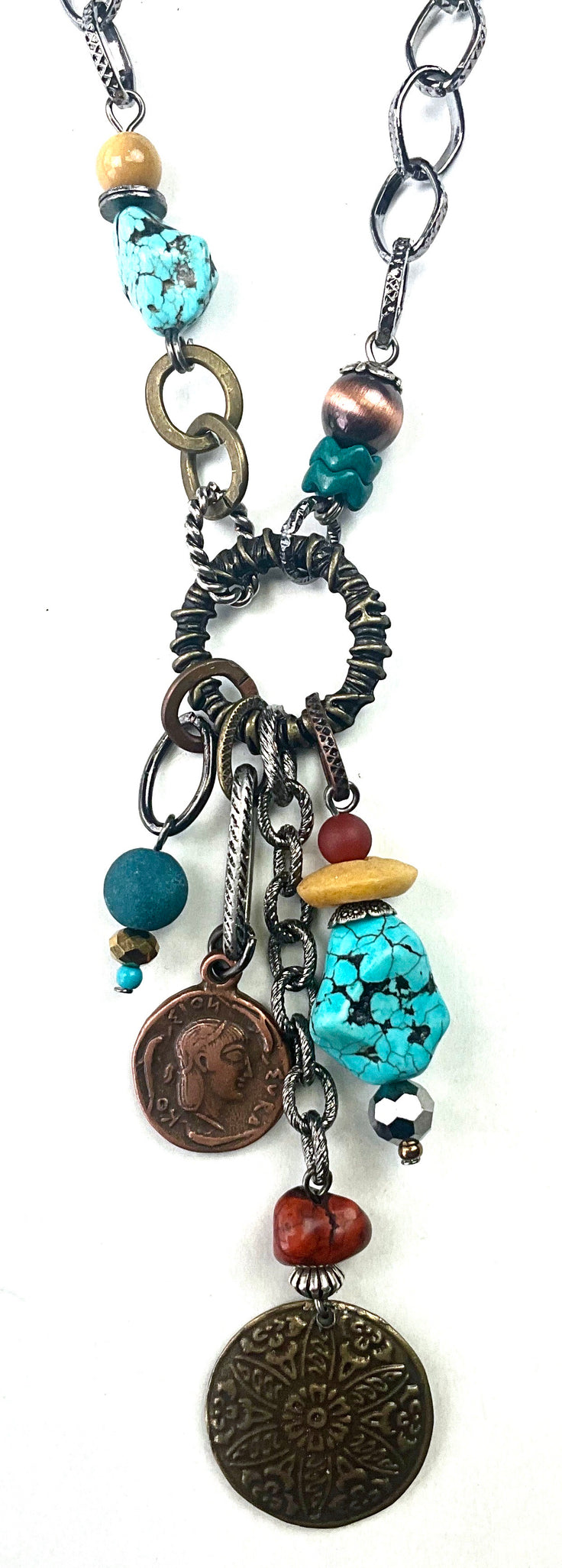 Mixed Dangles Necklace With Coins on Chain