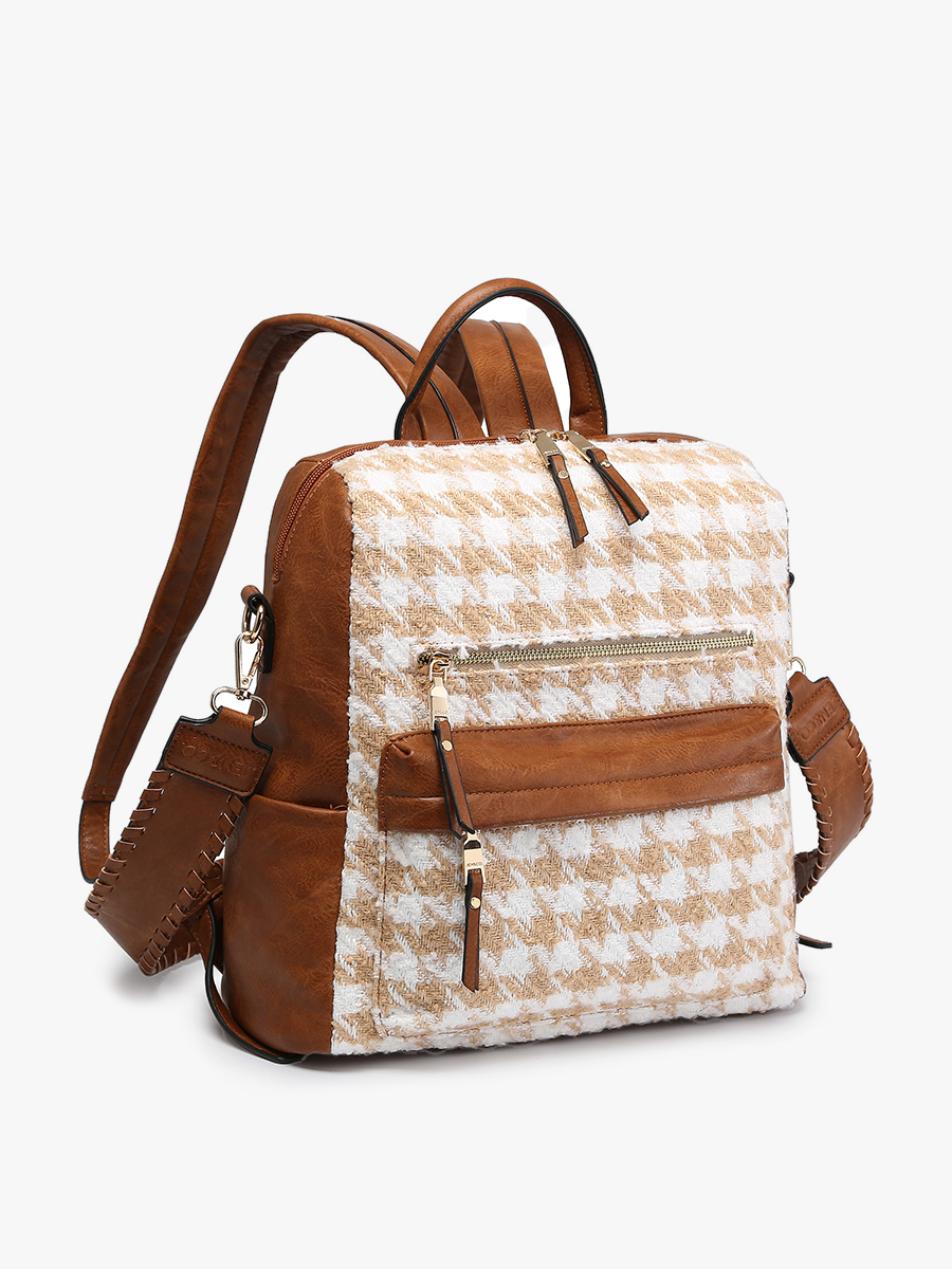 Amelia Houndstooth Backpack w/ Guitar Strap-sand/white