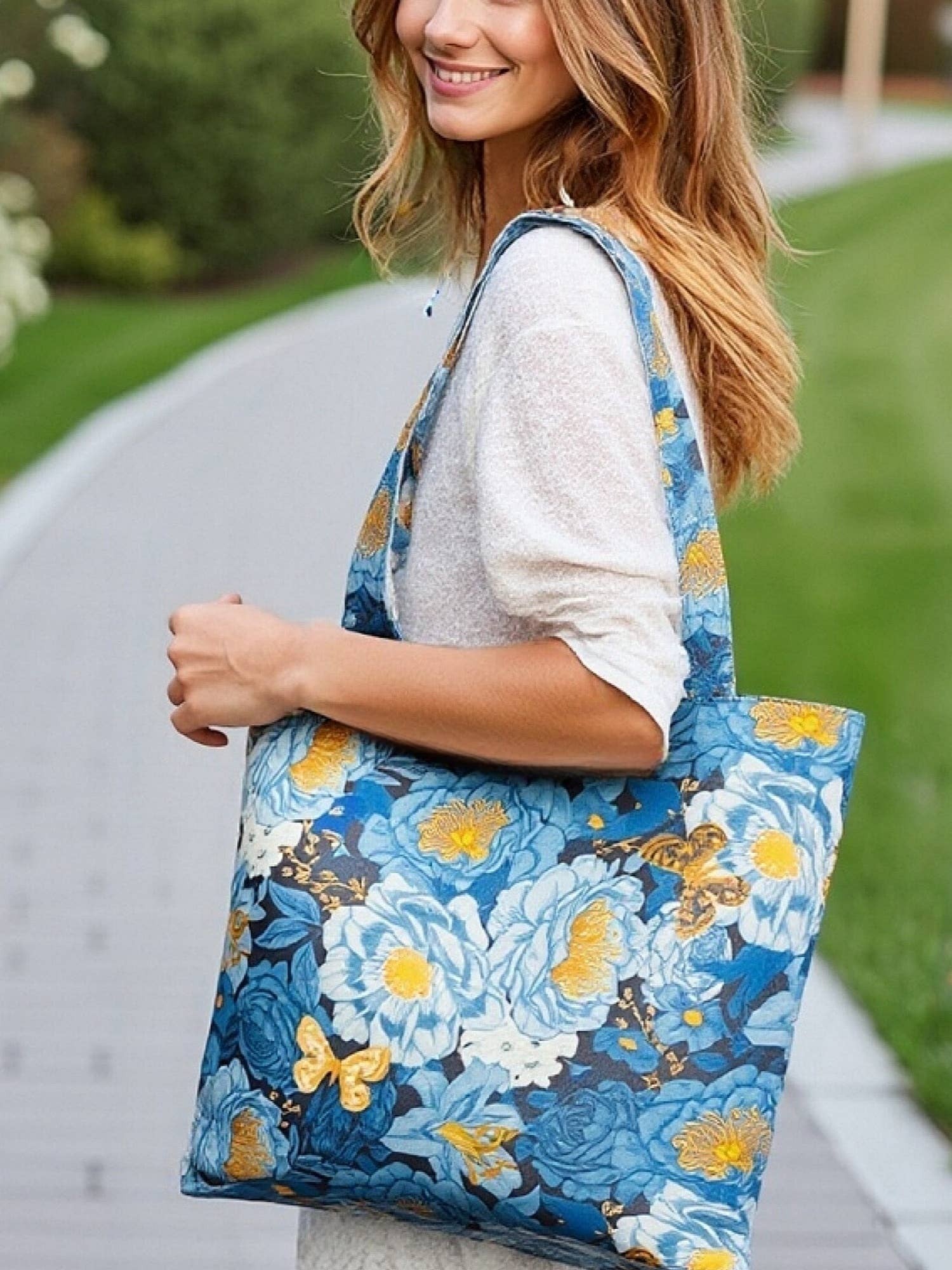 Blue-Yellow Floral Tote Bag
