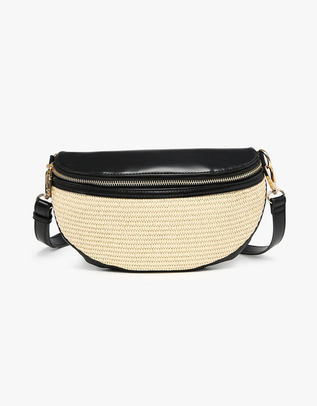 Nevaeh Straw Sling/Crossbody w/ Vegan Leather Contrast - Black/natural