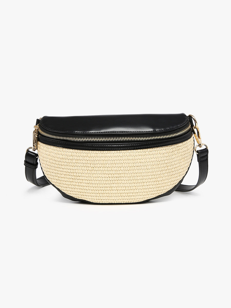 Nevaeh Straw Sling/Crossbody w/ Vegan Leather Contrast - Black/natural