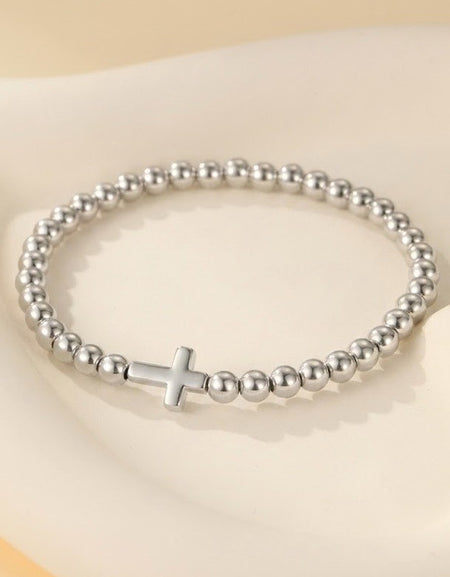Cross Ball Chain Stretch Bracelet - Silver