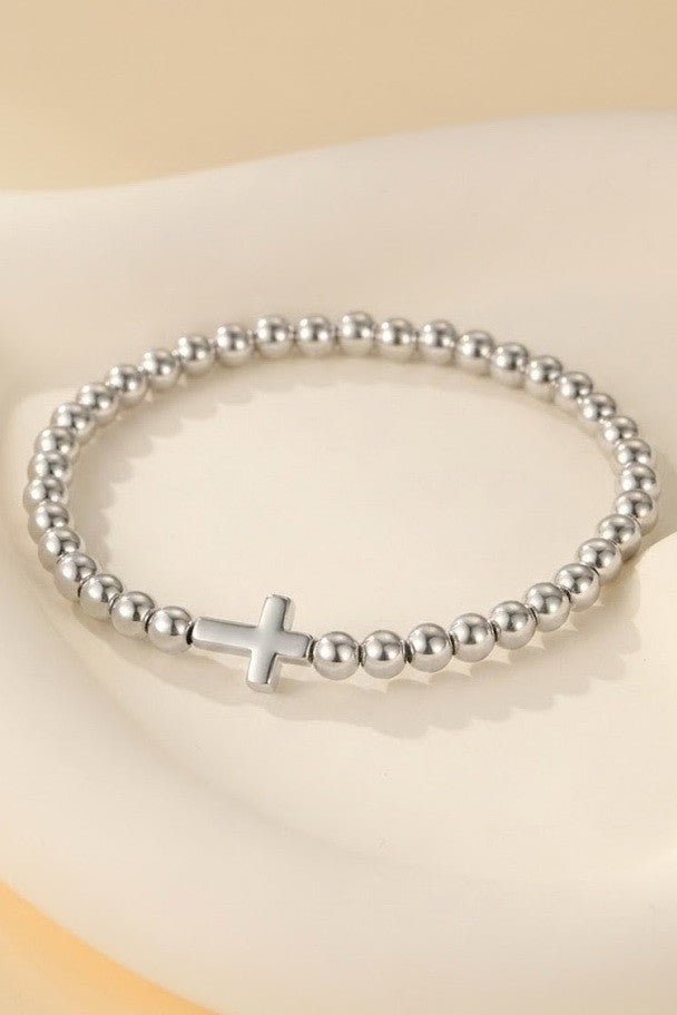Cross Ball Chain Stretch Bracelet - Silver