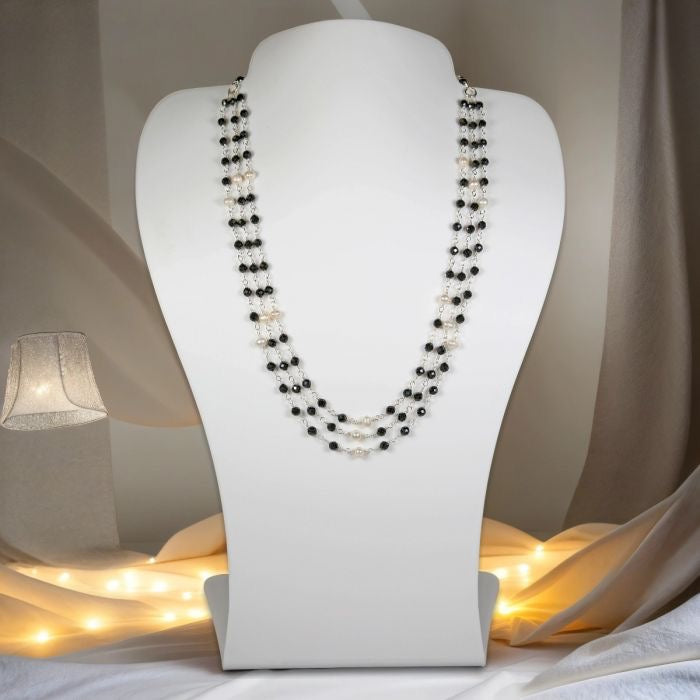 Triple Strand Black Spinel and Cultured Pearl Necklace