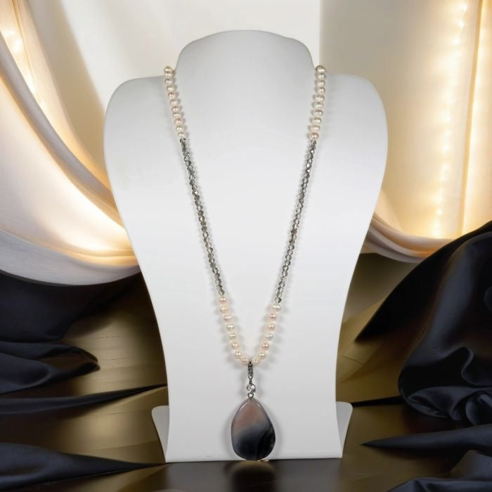 Freshwater Pearl and Crystal Pendant Necklace - Smoke Crystal