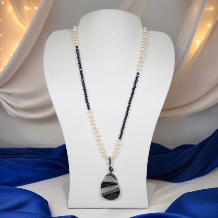 Freshwater Pearl and Crystal Pendant Necklace - blue crystal