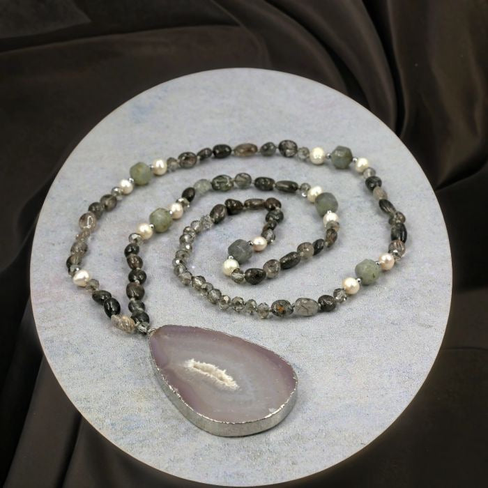 Black Rutilated Quartz and Labradorite Pendant Necklace