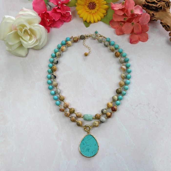 Crazy Lace Agate and Magnesite Turquoise Pendant Necklace