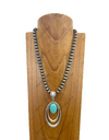 Silver Navajo pearl beads with blue turquoise oval pendent Necklace