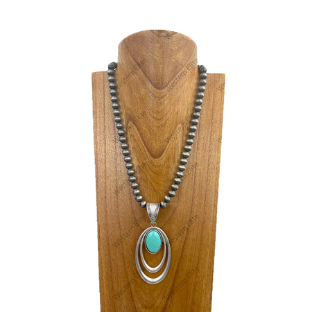 Silver Navajo pearl beads with blue turquoise oval pendent Necklace