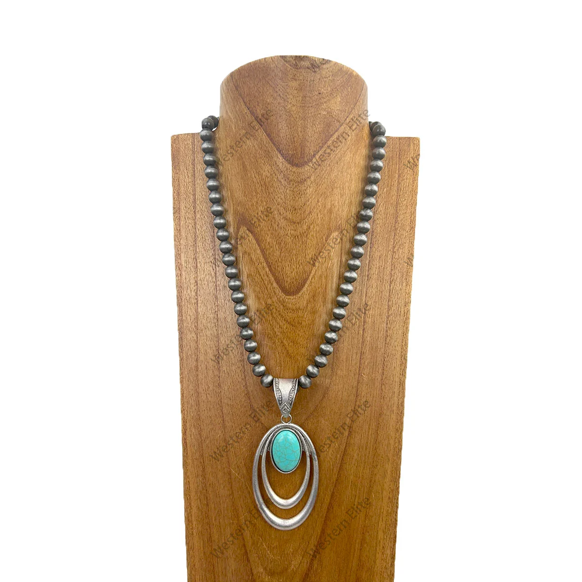 Silver Navajo pearl beads with blue turquoise oval pendent Necklace