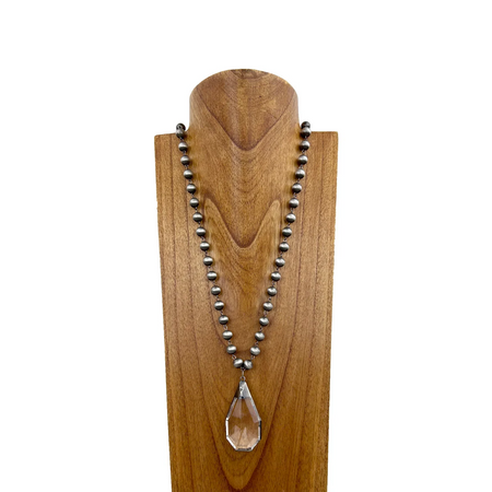 33 Inches silver Navajo pearl beads with clear crystal teardrop pendant Necklace"