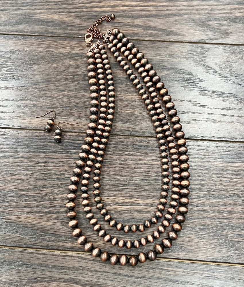 24" Copper Western Bead Strand Necklace Earrings Set
