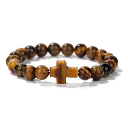 Boho Natural Stone Cross Charm Beaded Bracelet - Tigers Eye