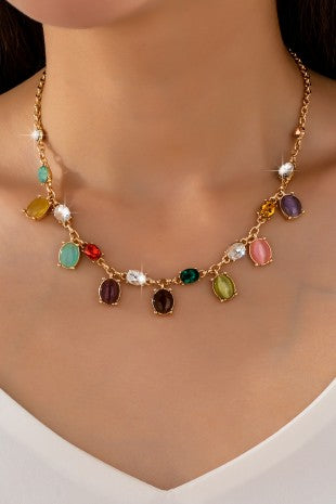 Multi-color Oval Cat's Eye & Crystal Charm Necklace