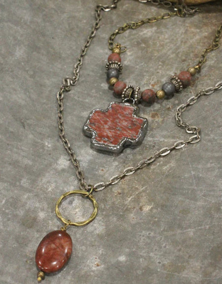 PGJ Antique Stone Cross Mixed Metal Stone Drop Necklace