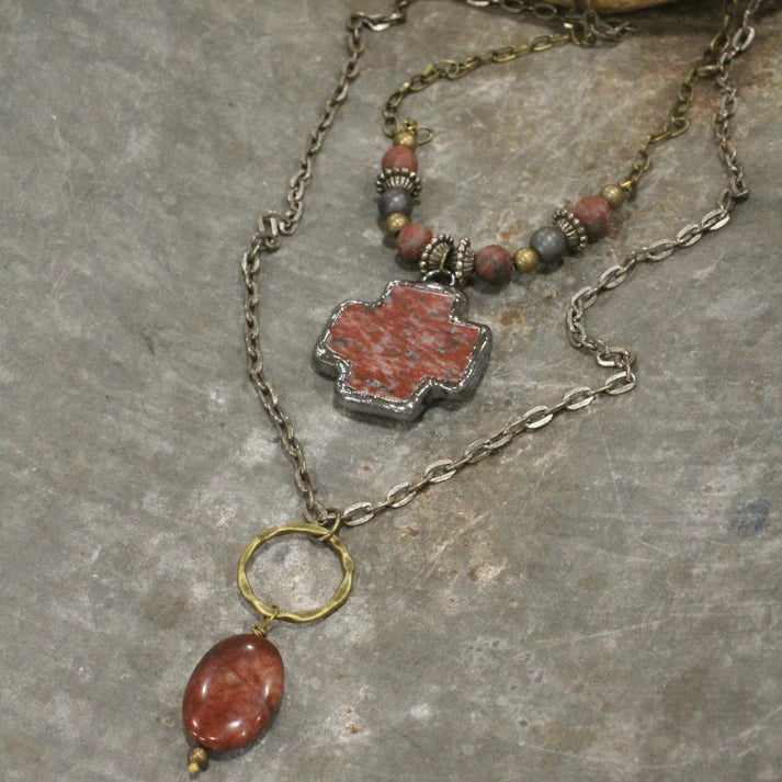 PGJ Antique Stone Cross Mixed Metal Stone Drop Necklace