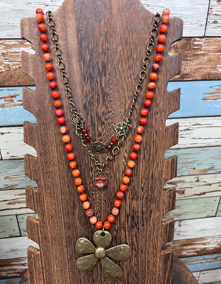 PGJ Orange Beaded Layered Flower Drop Layered Necklace