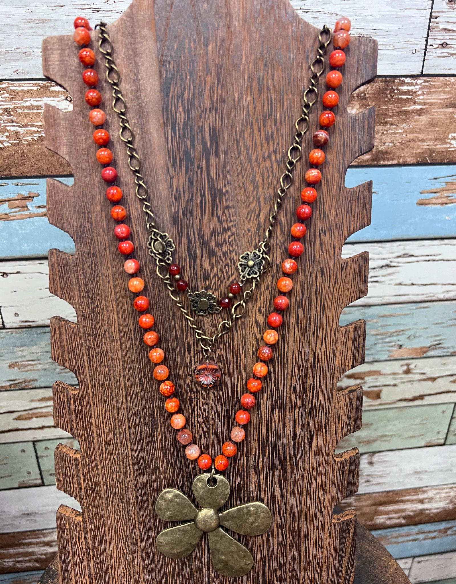 PGJ Orange Beaded Layered Flower Drop Layered Necklace