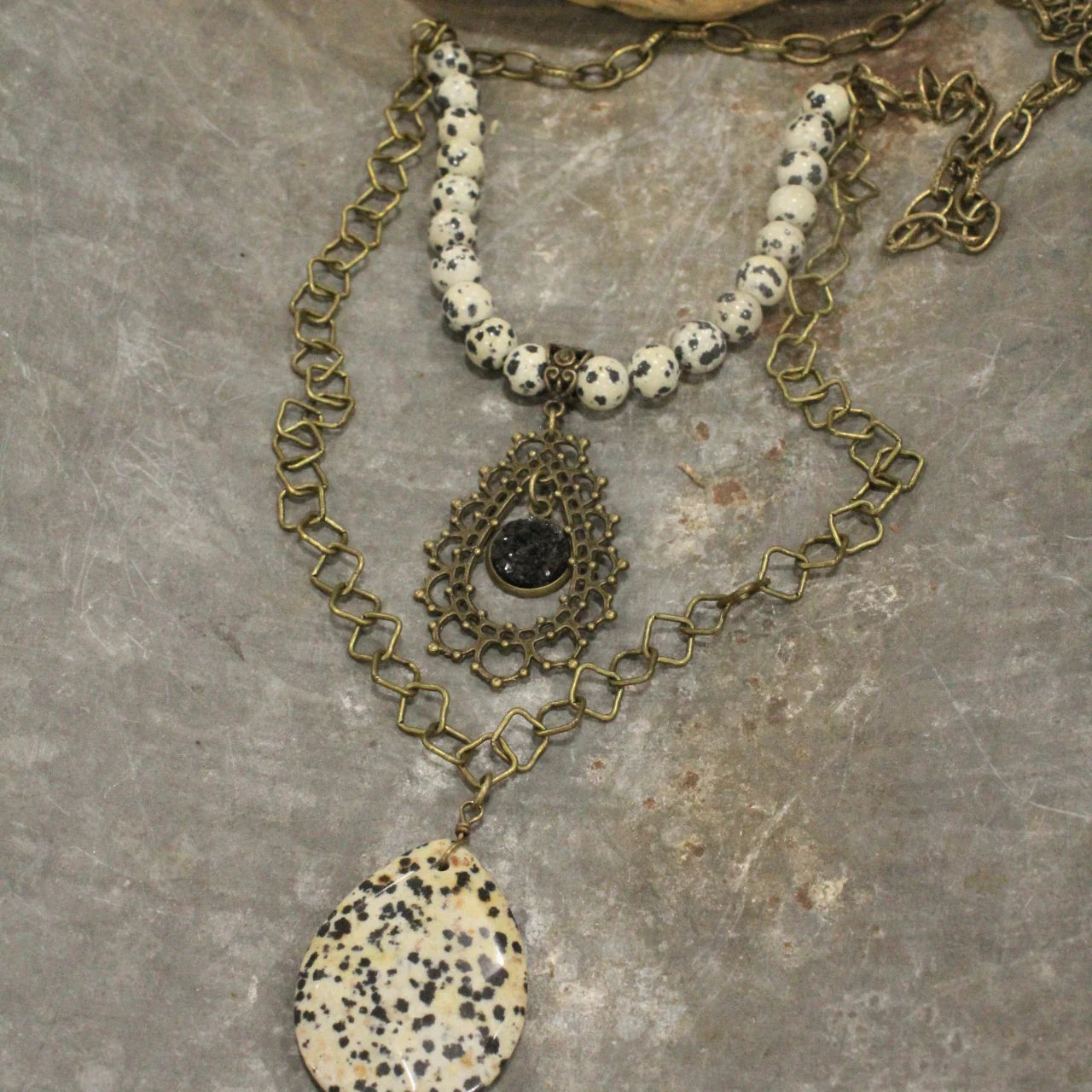 PGJ Dalmation Jasper Double Layered Filigree Necklace