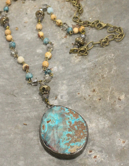 PGJ Bohemian Stone & Rosary Chain Rich Teal/Chocolate Pendant Drop Necklace Set