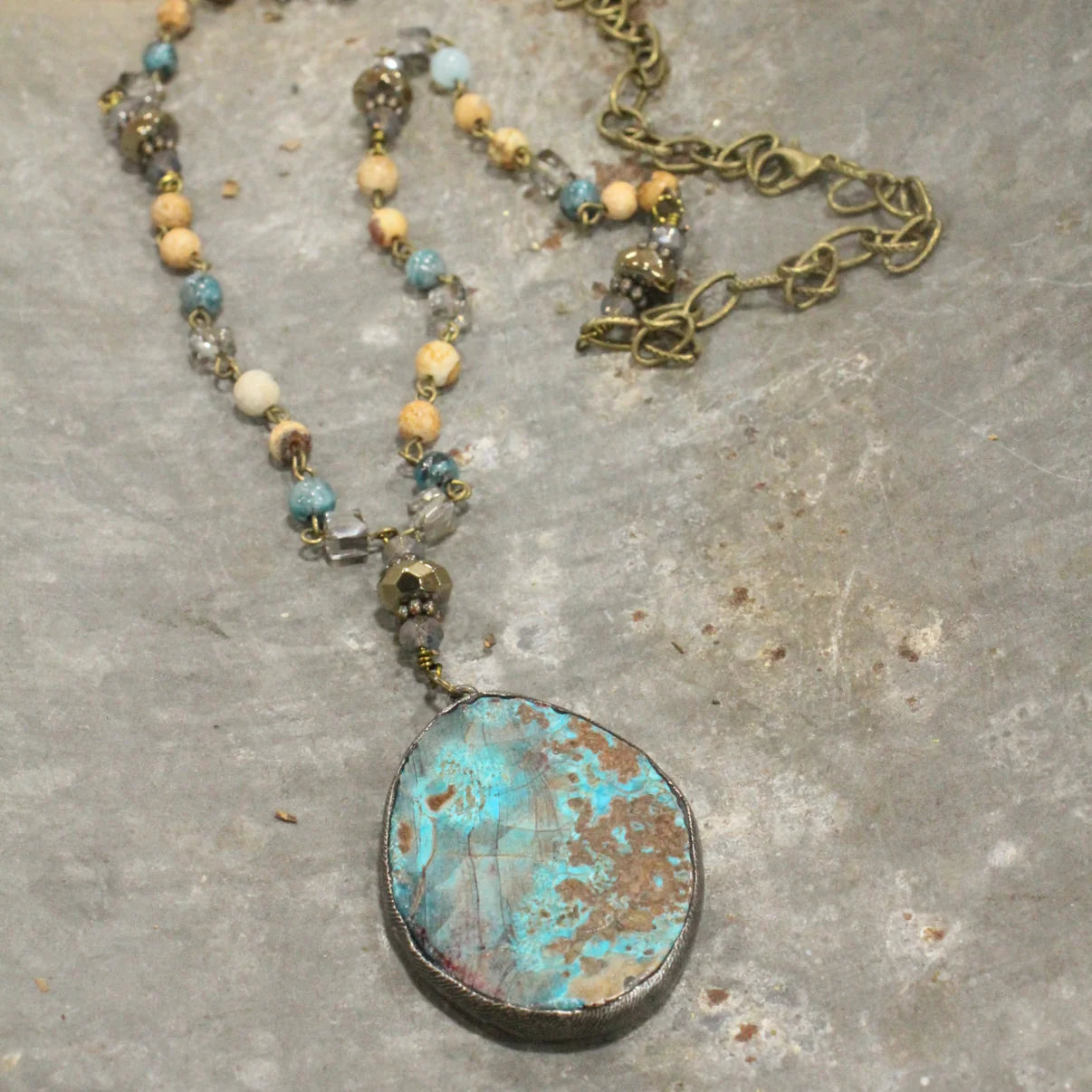 PGJ Bohemian Stone & Rosary Chain Rich Teal/Chocolate Pendant Drop Necklace Set