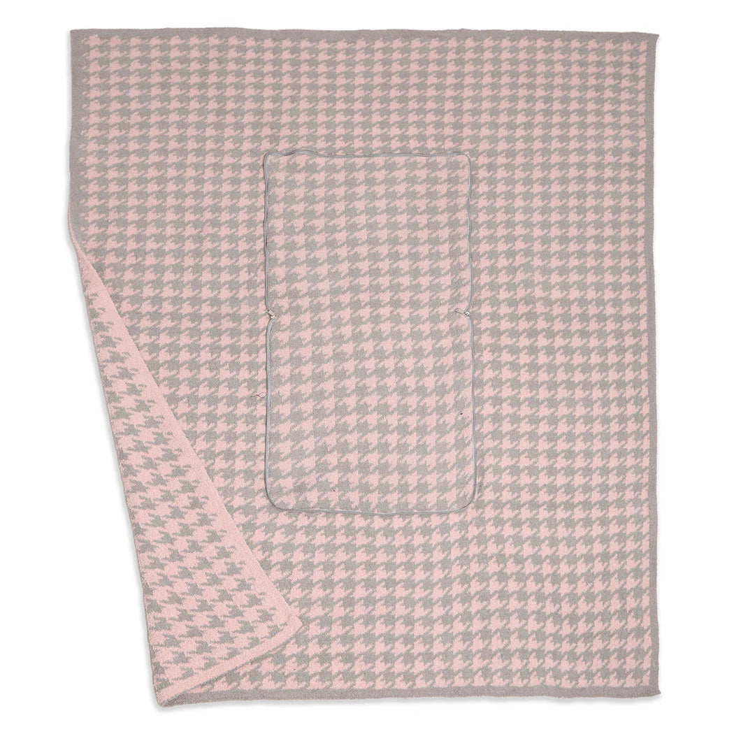 2 In 1 Houndstooth Print Convertible Throw Blanket & Pillow - Pink/Gray