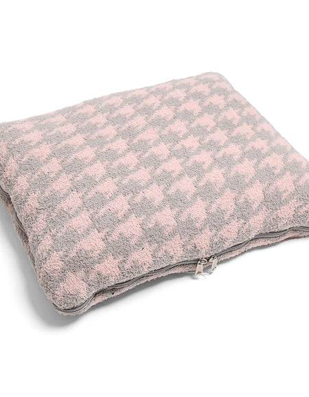 2 In 1 Houndstooth Print Convertible Throw Blanket & Pillow - Pink/Gray