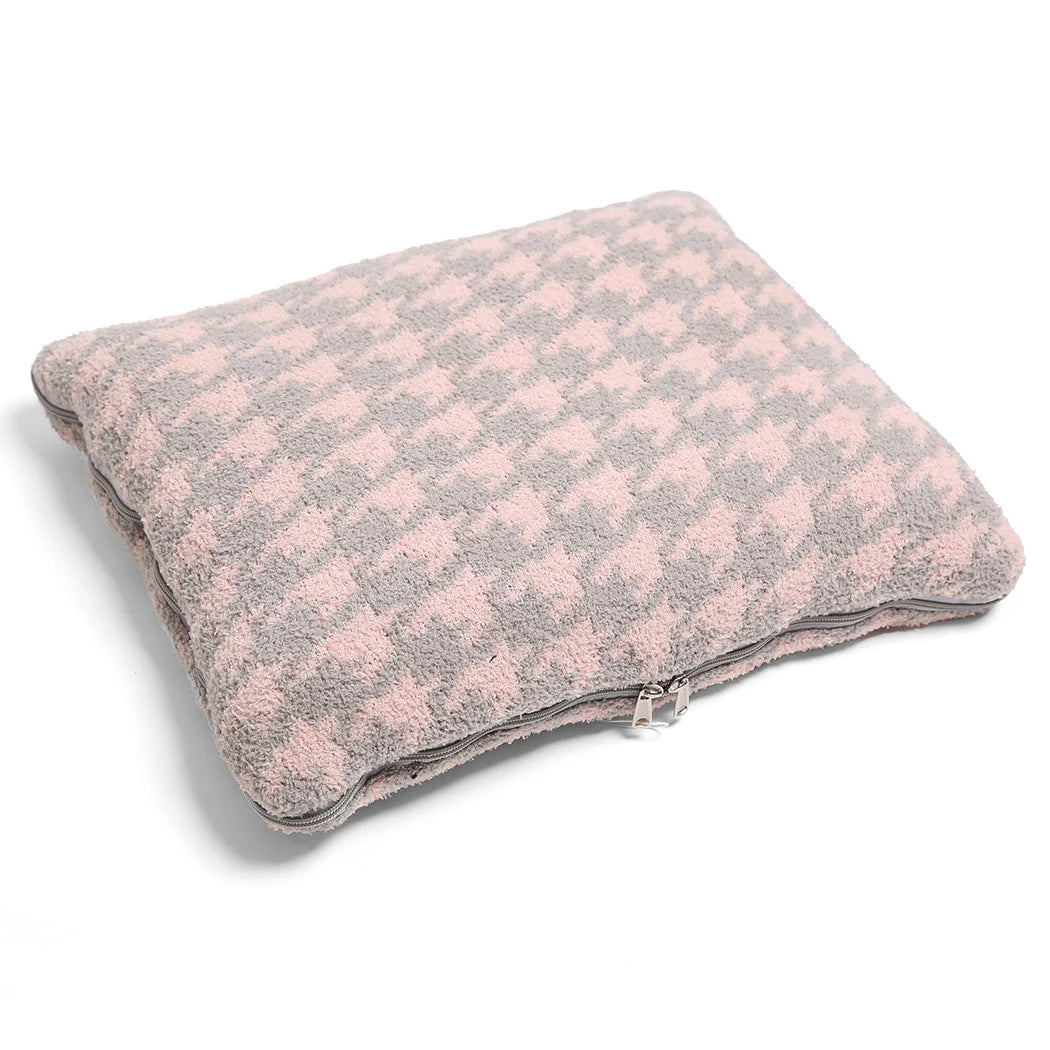 2 In 1 Houndstooth Print Convertible Throw Blanket & Pillow - Pink/Gray