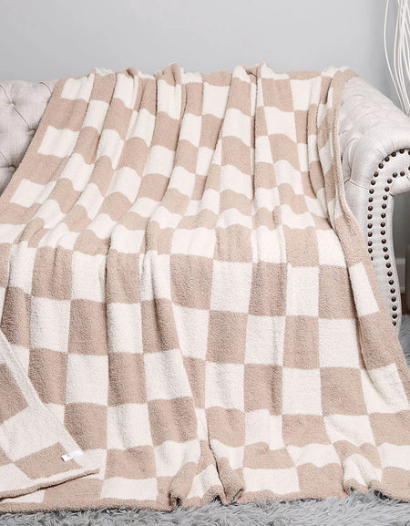 FC Beige Checkerboard Patterned Throw Blanket